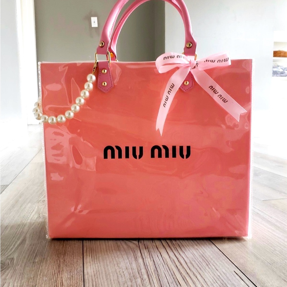 Pink Miu Miu Large PVC Tote Bag w/ Shoulder Strap & Pearl Bag Charm